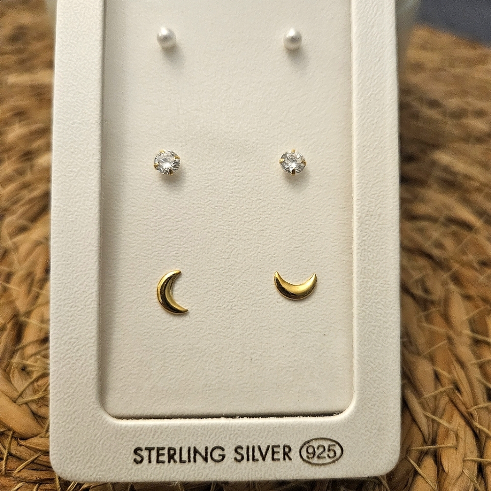 Sterling Silver Goldplated Stud Earrings Set Crescent Moon Faux Pearl Solitaire